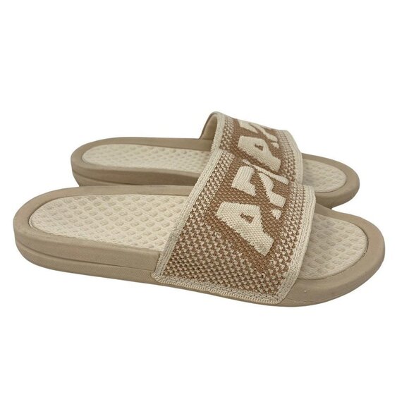 APL Womens Big Logo Techloom Slides Sandals Beige Brown Flat Heel Slip On 7 - Picture 1 of 7